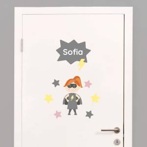 tür-sticker, tür-aufkleber für das kinderzimmer mit superhelding und mädchen
