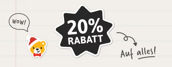 Banner mit einem illustrierten Bärenkopf mit Weihnachtsmütze, der den Daumen hoch zeigt, mit einem Stern, auf dem „20 % Rabatt auf den ganzen Laden“ steht, neben Bärenpfotenabdrücken.