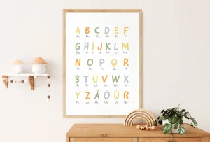 Alfabet-Plakat für Kinderzimmer mit bunten Buchstaben, ideal als Wanddekoration für kreative Lernumgebungen.
