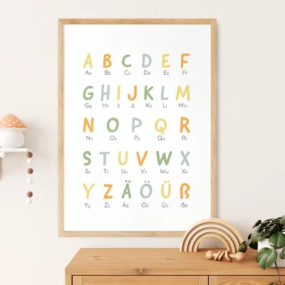 Alfabet-Plakat für Kinderzimmer mit bunten Buchstaben, ideal als Wanddekoration für kreative Lernumgebungen.