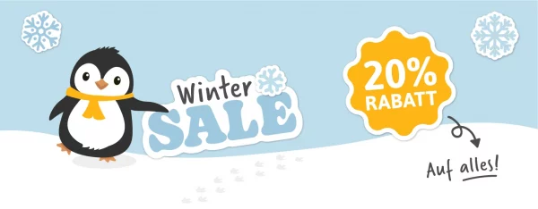 Winterverkauf mit 20% Rabatt auf Kinderzimmer-Dekoration und personalisierte Namensetiketten. Niedlicher Pinguin und Schneeflockenmotiv.