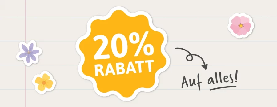 Rabatt-Aktion: 20% auf Kinderzimmer-Wanddekor, Namensetiketten und Geburtstagskarten. Bunter Hintergrund mit Blumenelementen.