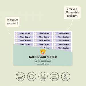 Alt-tekst: Fargerike navnelapper pakket i papir, designet for å være robuste og fri for phthalater og BPA. Perfekte for barnehage og skole, tilgjengelige på namenseitktten.de.