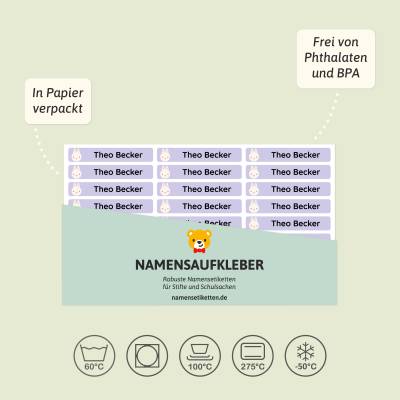 Alt-tekst: Fargerike navnelapper pakket i papir, designet for å være robuste og fri for phthalater og BPA. Perfekte for barnehage og skole, tilgjengelige på namenseitktten.de.