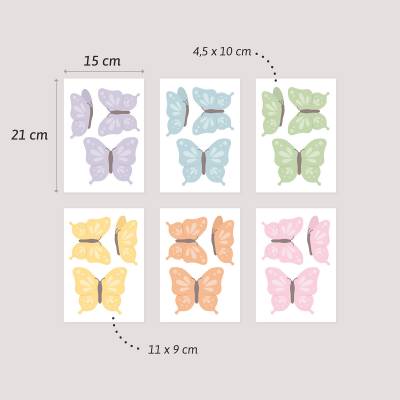Bunte Schmetterlinge in verschiedenen Pastellfarben, erhältlich in unterschiedlichen Größen.