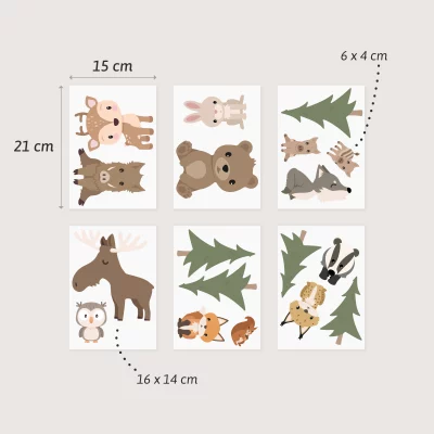Bunte Wanddeko mit Tiermotiven, darunter Hirsch, Hase, Bär und Wolf – perfekt fürs Kinderzimmer.