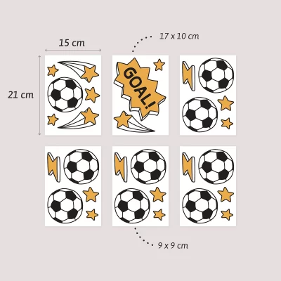 Kreative Fußball-Aufkleber-Sets in verschiedenen Größen, ideal für die individuelle Gestaltung von Kinderzimmern.